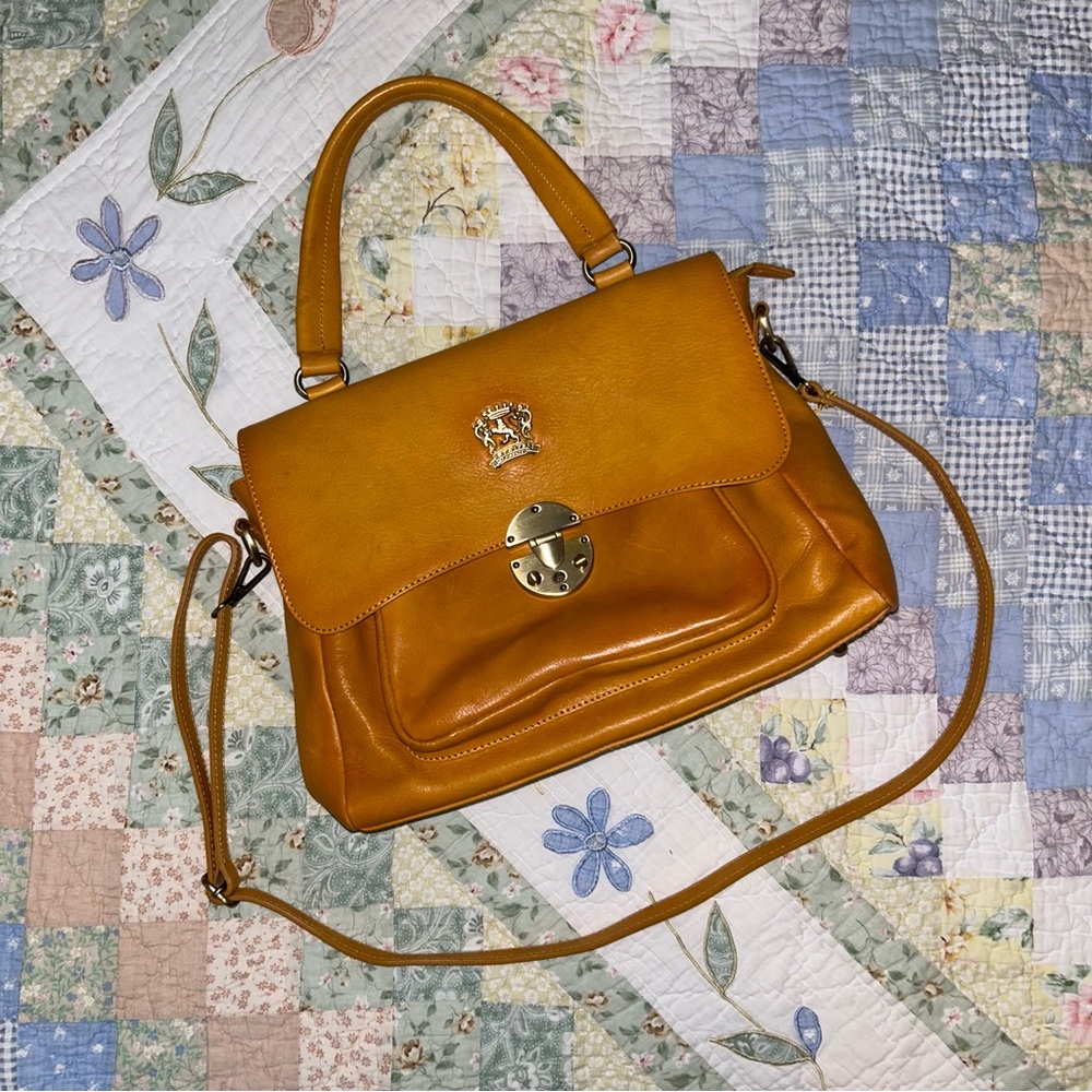 Pratesi firenze golden cognac yellow ochre italian leather satchel /shoulder bag